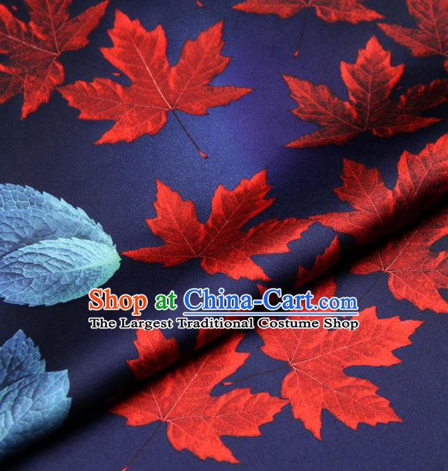 Chinese Traditional Classical Maple Leaf Pattern Deep Blue Brocade Damask Asian Satin Drapery Silk Fabric