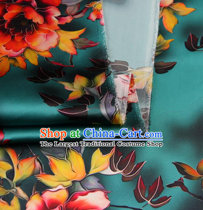 Chinese Traditional Classical Peony Pattern Green Brocade Damask Asian Satin Drapery Silk Fabric