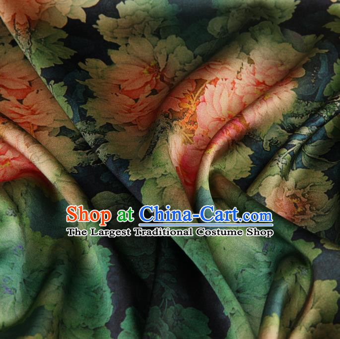 Chinese Traditional Classical Peony Pattern Atrovirens Brocade Damask Asian Satin Drapery Silk Fabric