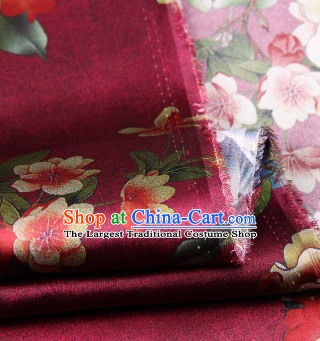 Chinese Traditional Classical Peach Flowers Pattern Wine Red Brocade Damask Asian Satin Drapery Silk Fabric