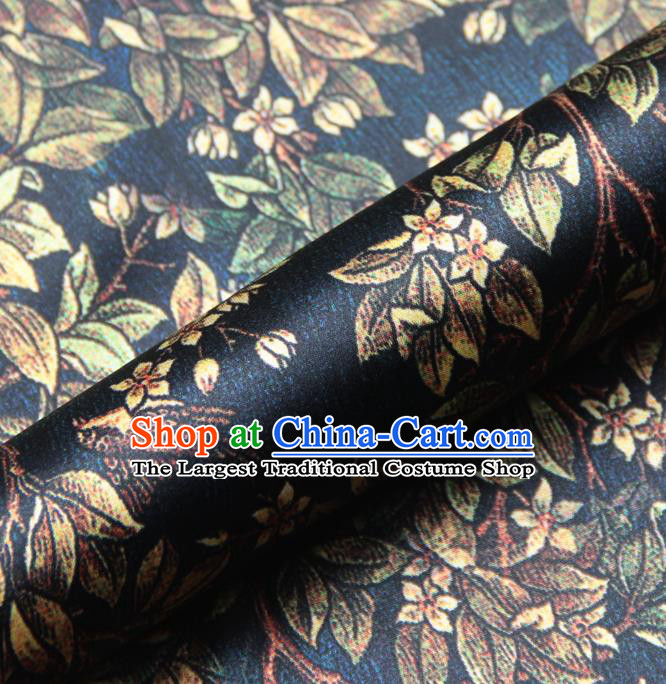 Chinese Traditional Classical Leaf Pattern Navy Brocade Damask Asian Satin Drapery Silk Fabric