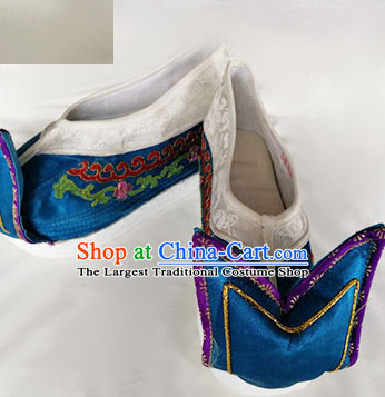 Chinese Traditional Beijing Opera Queen Blue Embroidered Shoes Ancient Empress Hanfu Shoes for Adults