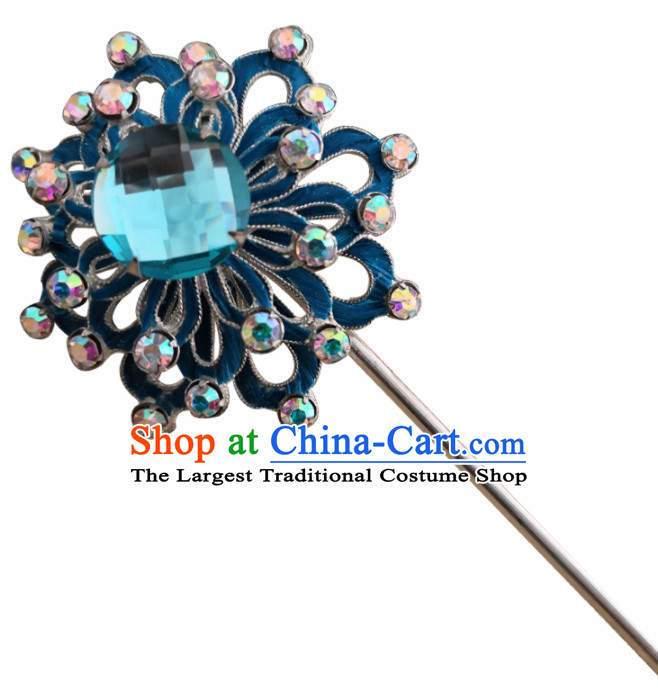 Chinese Ancient Queen Blue Crystal Hairpins Traditional Beijing Opera Diva Hair Accessories for Adults