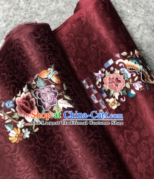 Traditional Chinese Satin Classical Embroidered Peony Pattern Design Deep Brown Brocade Fabric Asian Silk Fabric Material