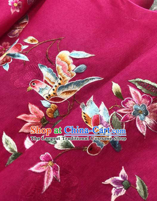 Traditional Chinese Satin Classical Embroidered Bird Flowers Pattern Design Rosy Brocade Fabric Asian Silk Fabric Material