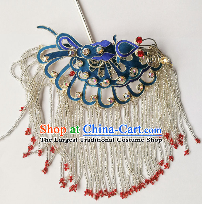 Chinese Ancient Queen Tassel Blueing Hairpins Traditional Beijing Opera Diva Hair Accessories for Adults