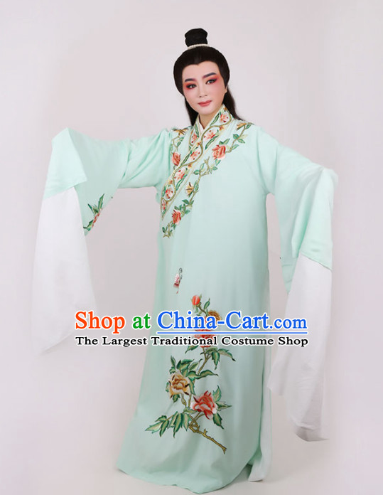 Chinese Traditional Beijing Opera Niche Scholar Embroidered Peony Green Robe Ancient Nobility Childe Costume for Men