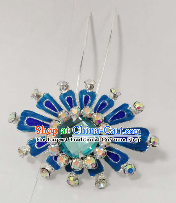 Chinese Ancient Princess Blue Crystal Hairpins Traditional Beijing Opera Diva Court Hair Accessories for Adults