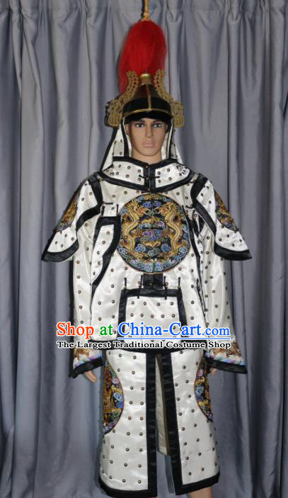 Chinese Traditional White Costume Ancient Qing Dynasty Manchu General Helmet and Body Armour for Men