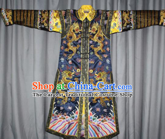 Chinese Traditional Drama Manchu Empress Embroidered Navy Dress Ancient Qing Dynasty Queen Costume for Women