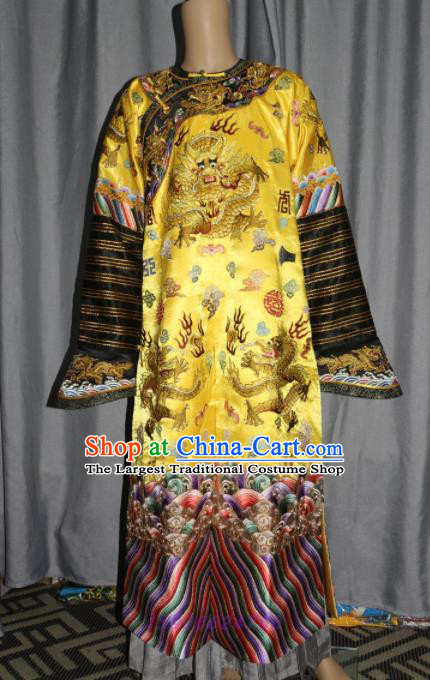 Chinese Traditional Drama Manchu Golden Costume Ancient Qing Dynasty Emperor Imperial Robe for Men