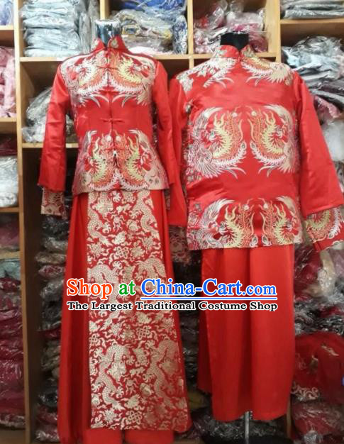 Asian Vietnam Traditional Wedding Red Costumes Vietnamese National Bride and Bridegroom Ao Dai Clothing Complete Set