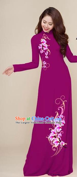 Asian Vietnam Traditional Printing Plum Purple Dress Vietnamese National Classical Ao Dai Cheongsam for Women