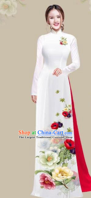 Asian Vietnam Traditional Printing Camellia Dress Vietnamese National Classical Ao Dai Cheongsam for Women