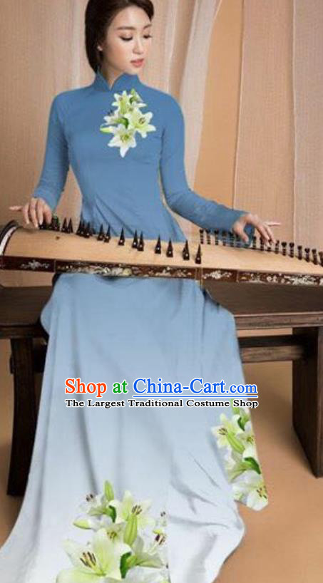 Asian Vietnam Traditional Printing Lily Flowers Blue Dress Vietnamese National Classical Ao Dai Cheongsam for Women