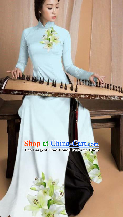 Asian Vietnam Traditional Printing Lily Flowers Lake Blue Dress Vietnamese National Classical Ao Dai Cheongsam for Women