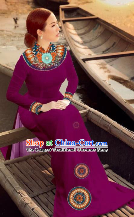 Asian Vietnam Traditional Bride Wine Red Dress Vietnamese National Classical Ao Dai Cheongsam for Women