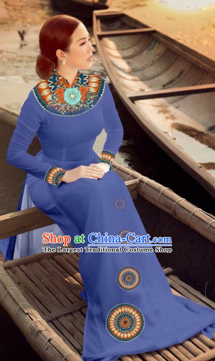 Asian Vietnam Traditional Bride Lake Blue Dress Vietnamese National Classical Ao Dai Cheongsam for Women