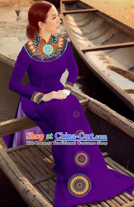 Asian Vietnam Traditional Bride Purple Dress Vietnamese National Classical Ao Dai Cheongsam for Women