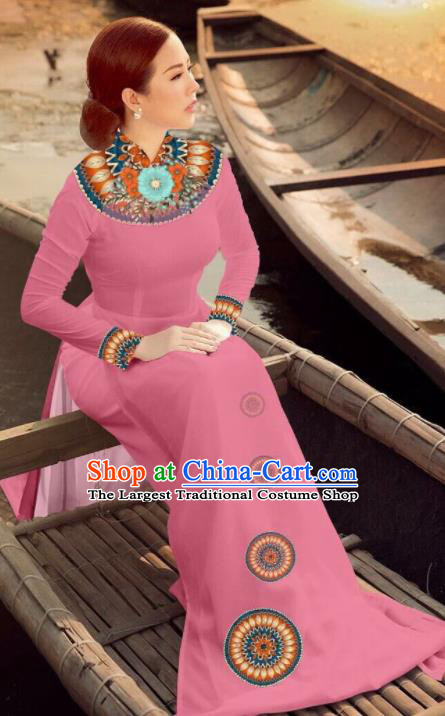 Asian Vietnam Traditional Bride Pink Dress Vietnamese National Classical Ao Dai Cheongsam for Women