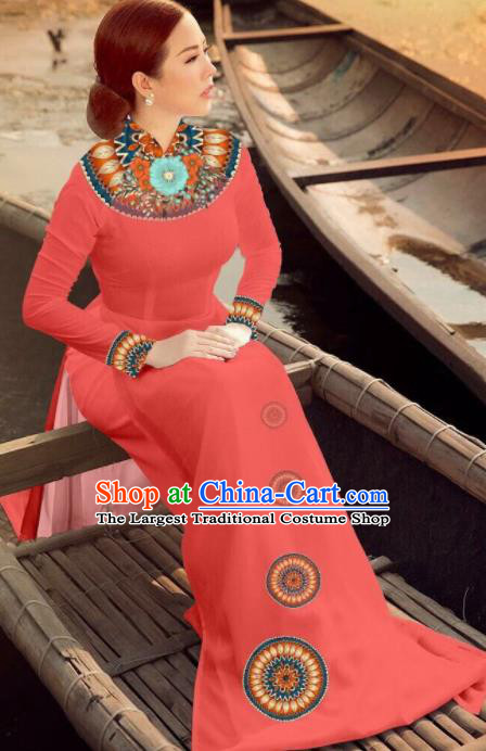 Asian Vietnam Traditional Bride Watermelon Red Dress Vietnamese National Classical Ao Dai Cheongsam for Women