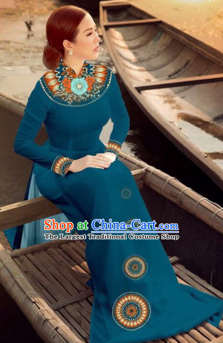 Asian Vietnam Traditional Bride Navy Dress Vietnamese National Classical Ao Dai Cheongsam for Women