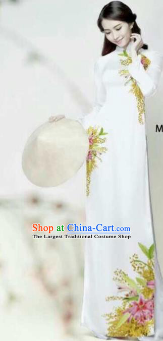 Asian Vietnam Traditional Bride Printing Flowers White Dress Vietnamese National Classical Ao Dai Cheongsam for Women