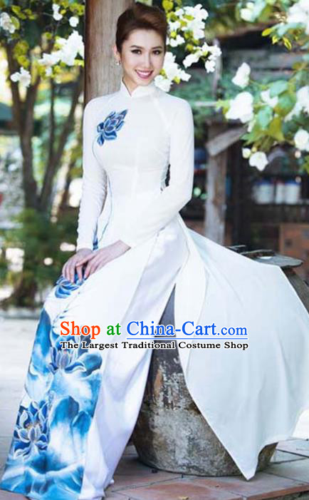 Asian Vietnam Traditional Bride Printing Blue Lotus Dress Vietnamese National Classical Ao Dai Cheongsam for Women