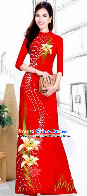 Asian Vietnam Traditional Bride Printing Lily Flowers Red Dress Vietnamese National Classical Ao Dai Cheongsam for Women