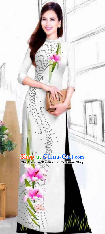 Asian Vietnam Traditional Bride Printing Lily Flowers White Dress Vietnamese National Classical Ao Dai Cheongsam for Women