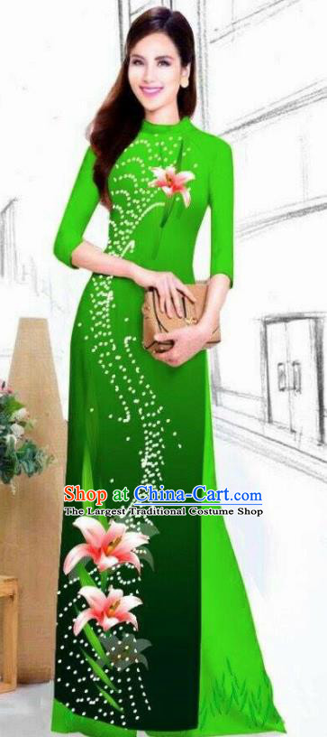 Asian Vietnam Traditional Bride Printing Lily Flowers Green Dress Vietnamese National Classical Ao Dai Cheongsam for Women