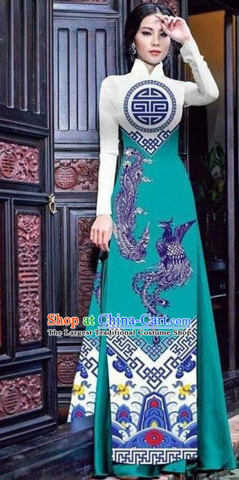 Asian Vietnam Traditional Bride Printing Phoenix Green Dress Vietnamese National Classical Ao Dai Cheongsam for Women