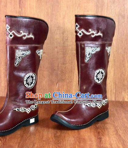 Traditional Chinese Mongol Nationality Wine Red Shoes Mongolian Minority Folk Dance Leather Boots for Men