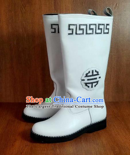 Traditional Chinese Mongol Nationality White Carving Leather Boots Mongolian Minority Folk Dance Shoes for Men