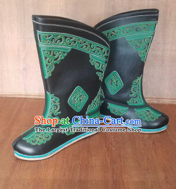 Traditional Chinese Mongol Ethnic Handmade Black Leather Boots Mongolian Minority Folk Dance Shoes for Men