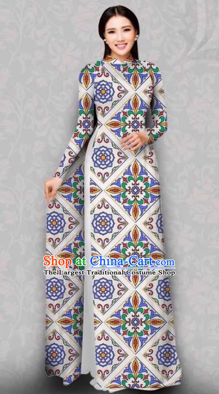 Asian Vietnam Traditional Printing Flowers Dress Bride Costume Vietnamese National Classical Ao Dai Cheongsam for Women