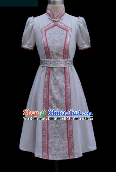 Traditional Chinese Mongol Ethnic Light Grey Dress Mongolian Minority Folk Dance Clothing for Kids