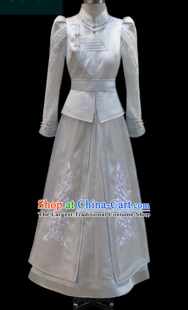 Traditional Chinese Mongol Ethnic Bride White Dress Mongolian Minority Folk Dance Embroidered Costume for Women