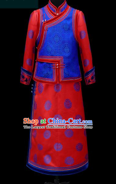 Chinese Traditional Mongol Ethnic Bridegroom Red Robe Mongolian Minority Folk Dance Costume for Men