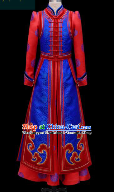 Traditional Chinese Mongol Ethnic Bride Royalblue Dress Mongolian Minority Folk Dance Embroidered Costume for Women