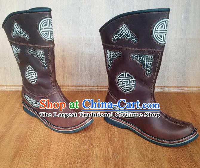 Traditional Chinese Mongol Ethnic Brown Leather Boots Mongolian Minority Folk Dance Handmade Shoes for Men