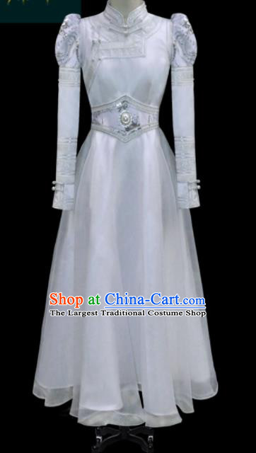 Traditional Chinese Mongol Ethnic Bride White Dress Mongolian Minority Folk Dance Embroidered Costume for Women