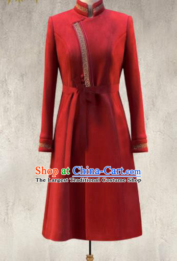 Traditional Chinese Mongol Ethnic Red Suede Coat Mongolian Minority Folk Dance Costume for Women