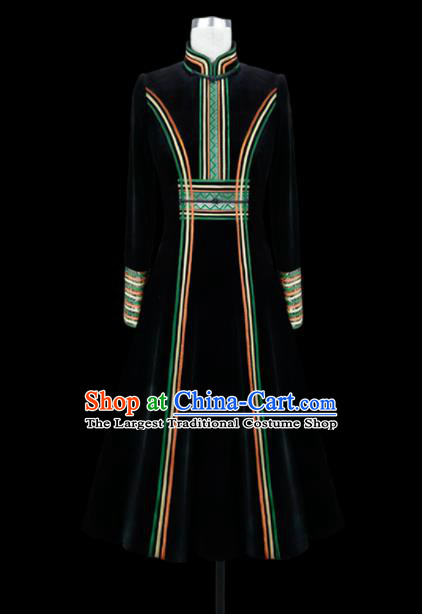 Traditional Chinese Mongol Ethnic National Black Velvet Dress Mongolian Minority Folk Dance Costume for Women