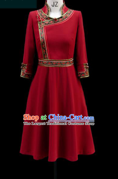 Traditional Chinese Mongol Ethnic Red Dress Mongolian Minority Folk Dance Embroidered Costume for Women