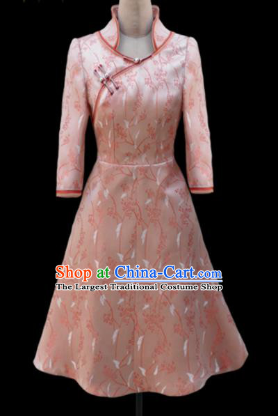 Traditional Chinese Mongol Ethnic National Pink Brocade Short Dress Mongolian Minority Folk Dance Costume for Women