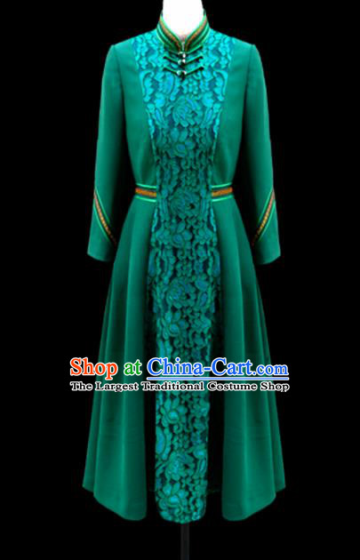 Traditional Chinese Mongol Ethnic National Deep Green Lace Dress Mongolian Minority Folk Dance Costume for Women