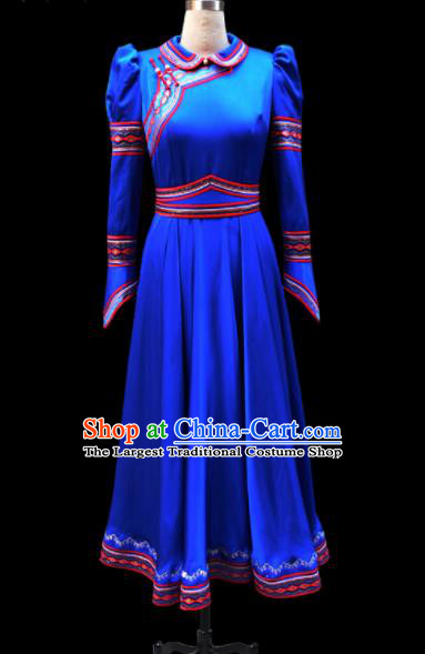 Traditional Chinese Mongol Ethnic National Royalblue Silk Dress Mongolian Minority Folk Dance Costume for Women