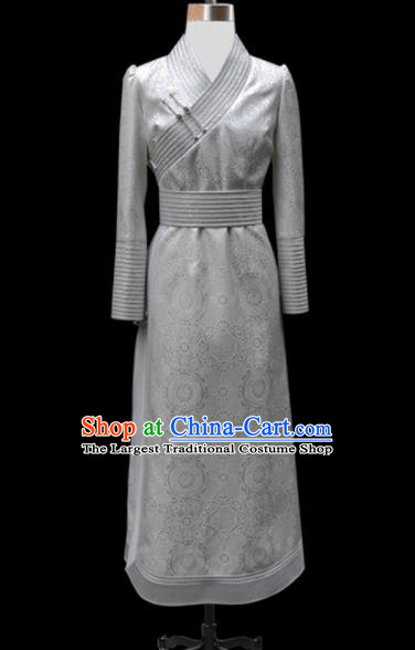Traditional Chinese Mongol Ethnic National Grey Dress Mongolian Minority Folk Dance Costume for Women