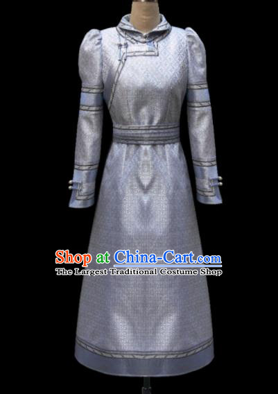 Traditional Chinese Mongol Ethnic National Grey Silk Dress Mongolian Minority Folk Dance Costume for Women